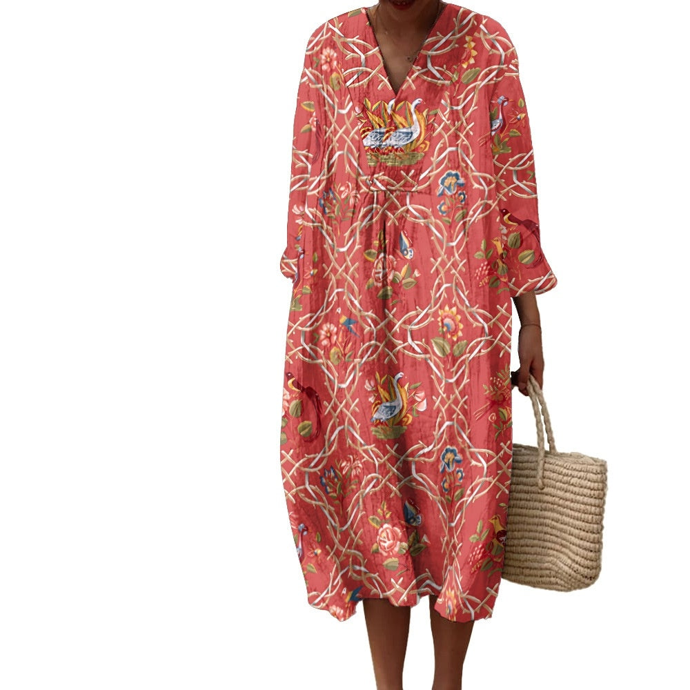 European And American Loose Fashion Advanced V-neck Printing Dress