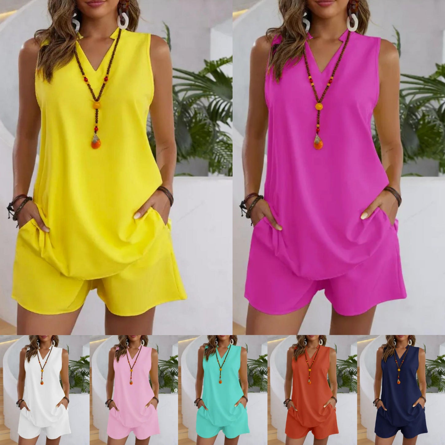Solid Color Sleeveless Casual Top Loose Shorts Suit Women