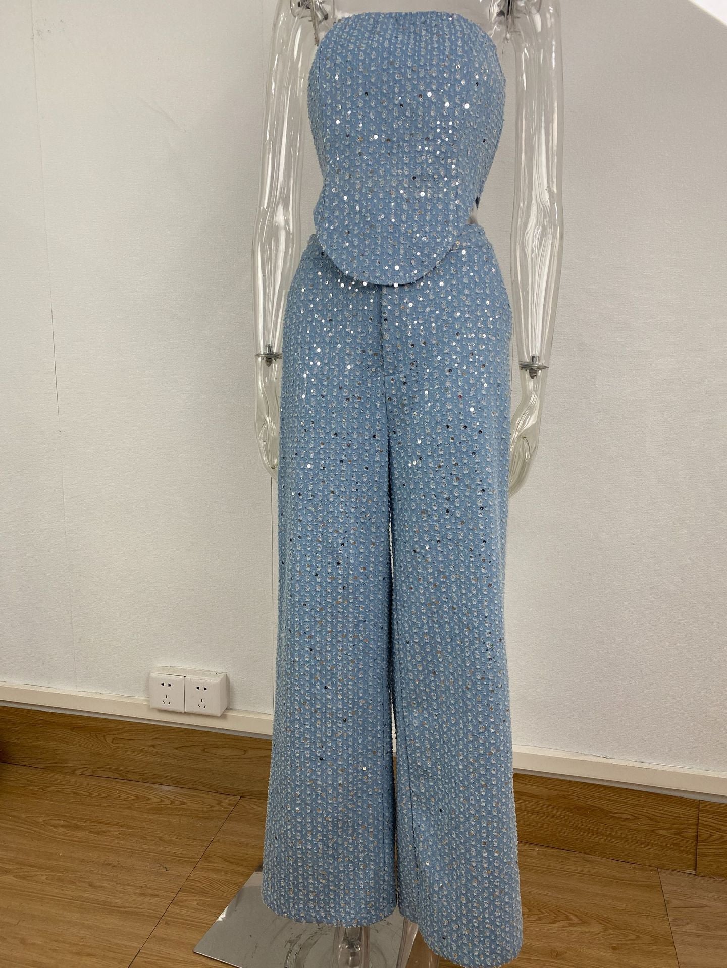 Women's Sexy Denim Sequined Slim-fit Tube Top Wide-leg Pants