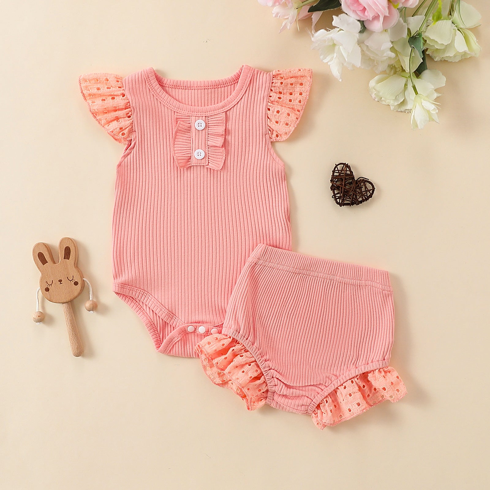 Girls' Flounced Sleeve Buttons Sunken Stripe Cotton Shorts Suit