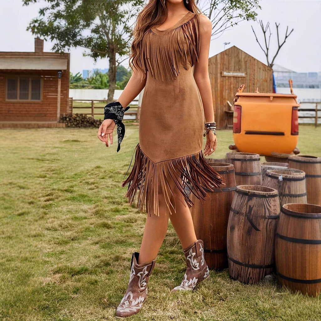 Women's Leisure Vacation Western Style Suede Subcutaneous Fringe Dress