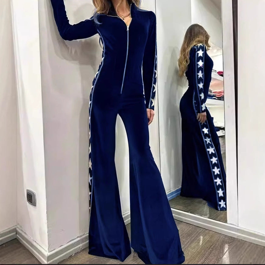Fashion Velvet Stitching Printing Long Sleeve Wide Leg Jumpsuit