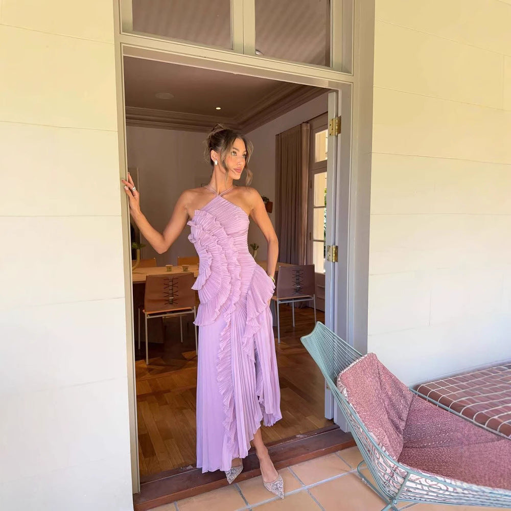 Ruffled Pleated Irregular Hem Dress