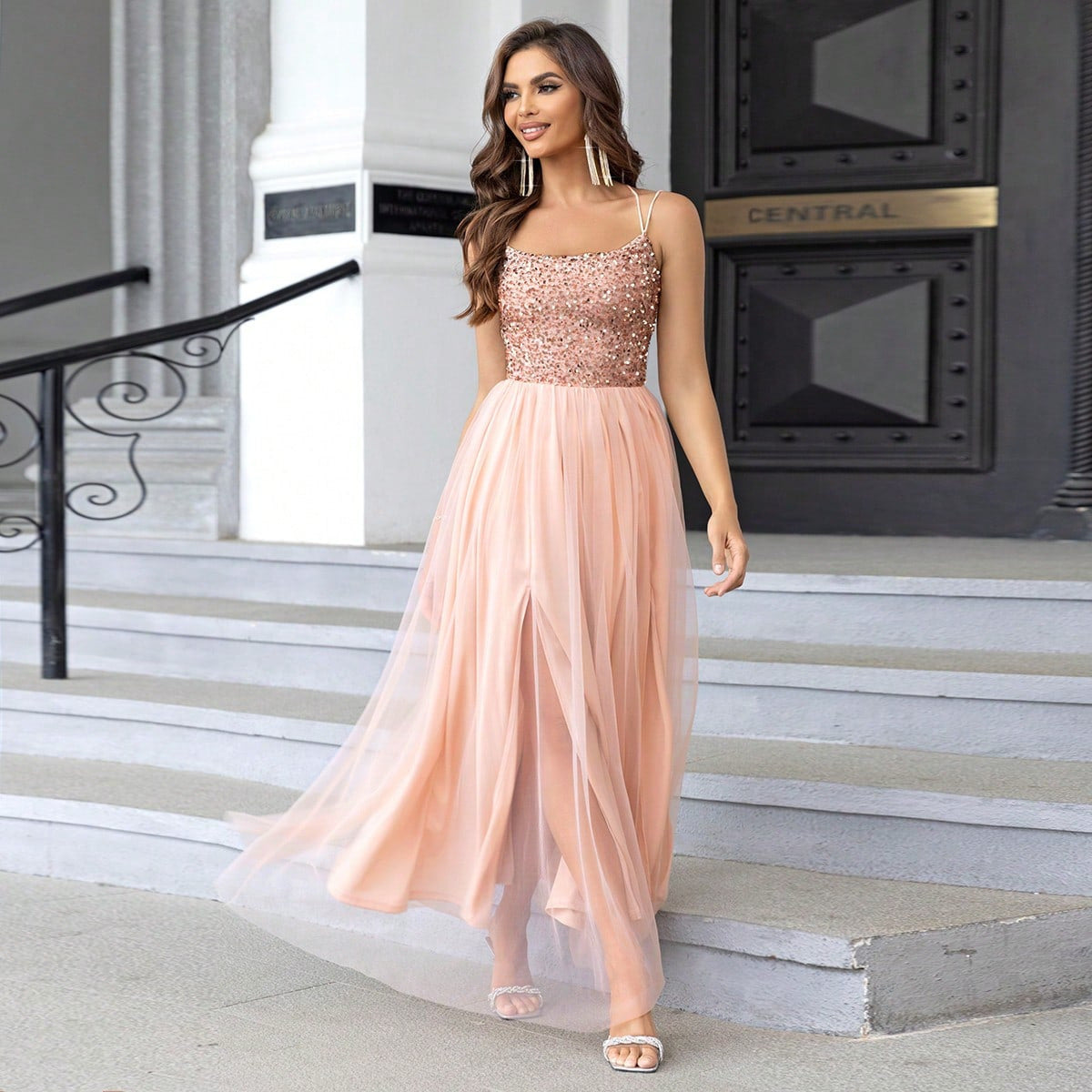 Women's Clothing Contrast Color Sequined Mesh Camouflage Dress