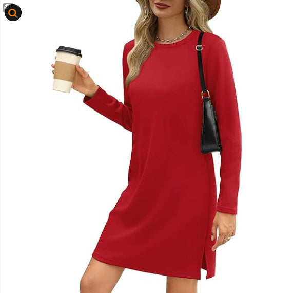European And American Round Neck Slit Hemline At Hem Sweater Long Sleeve Casual Dress