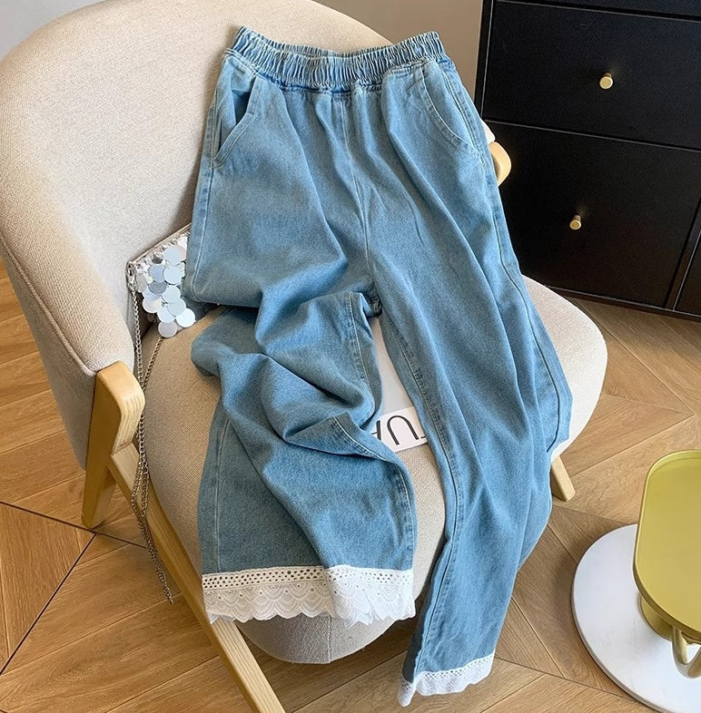 Sweet Style Elastic Waist Splicing Lace Lace Hollow Denim Nine-point Pants For Women