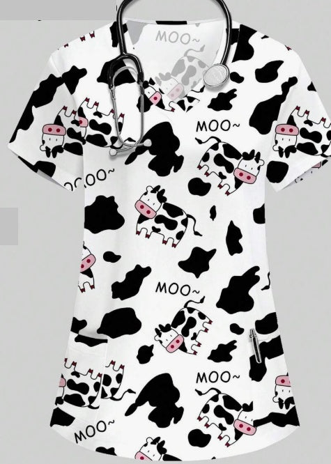 Plus Size Women's Vibrant Print Scrub Top Casual V-Neck Short Sleeve