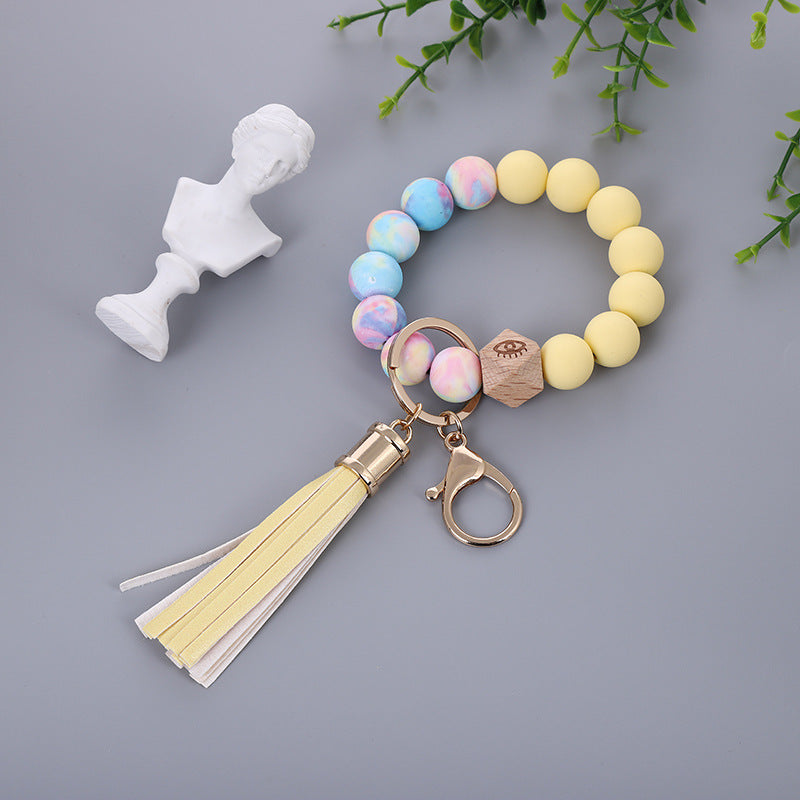 Color Silicone Bead Bracelet PU Tassel Key Chain