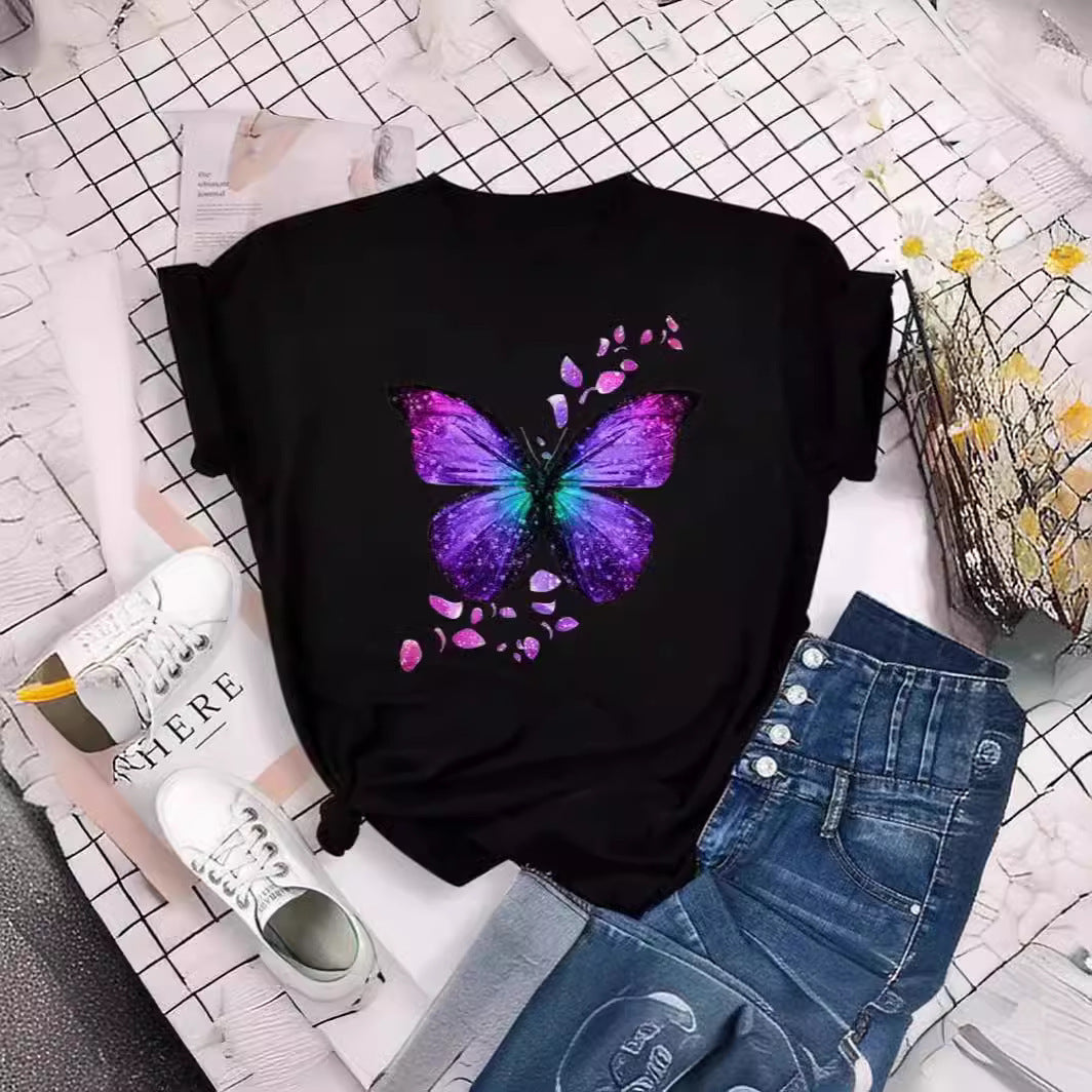 Colorized Butterfly Petal Printed T-shirt Short Sleeve Round Neck