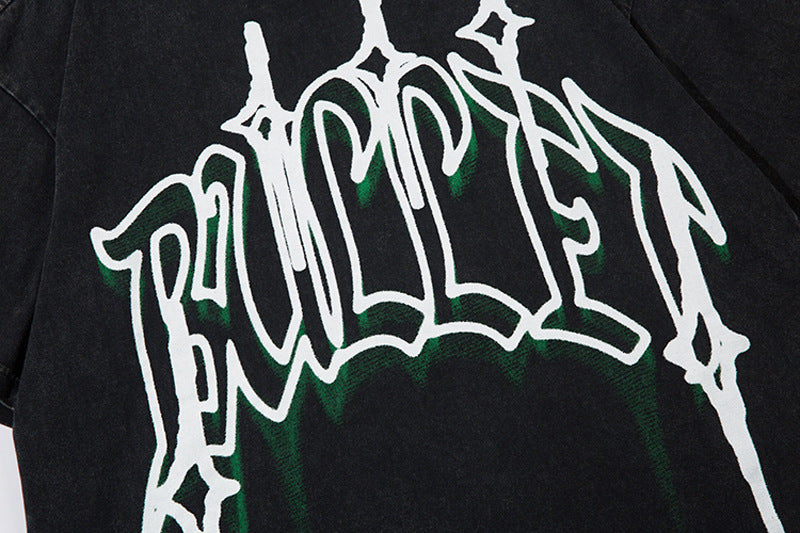 American Retro Hip Hop Washed Old Big Letter Graffiti Short Sleeve Men's Clothing