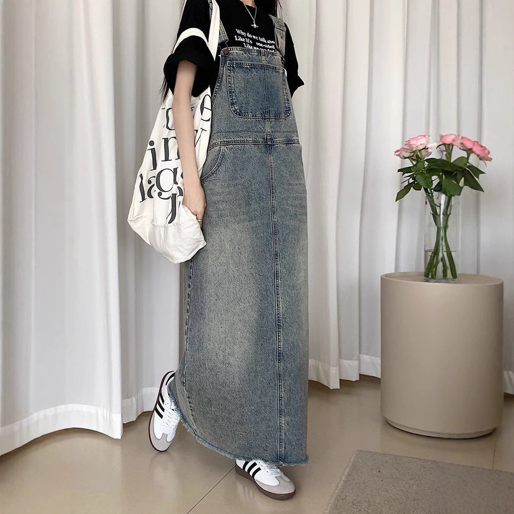 All-matching Retro Anti-aging Sleeveless Strap Dress Women's Spring And Summer Leisure Loose Slimming And Straight Denim Long Skirts