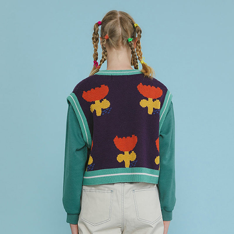 Autumn Winter Women Floral Vest V Neck Loose Knitted Pullovers Short Sweater