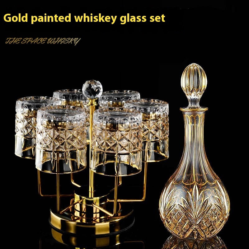 Luxury Gold Whiskey Shot Glass Wine Bottle Stainless Steel Rotating Cup Holder Gift Set Crystal Glass Wine Glass
