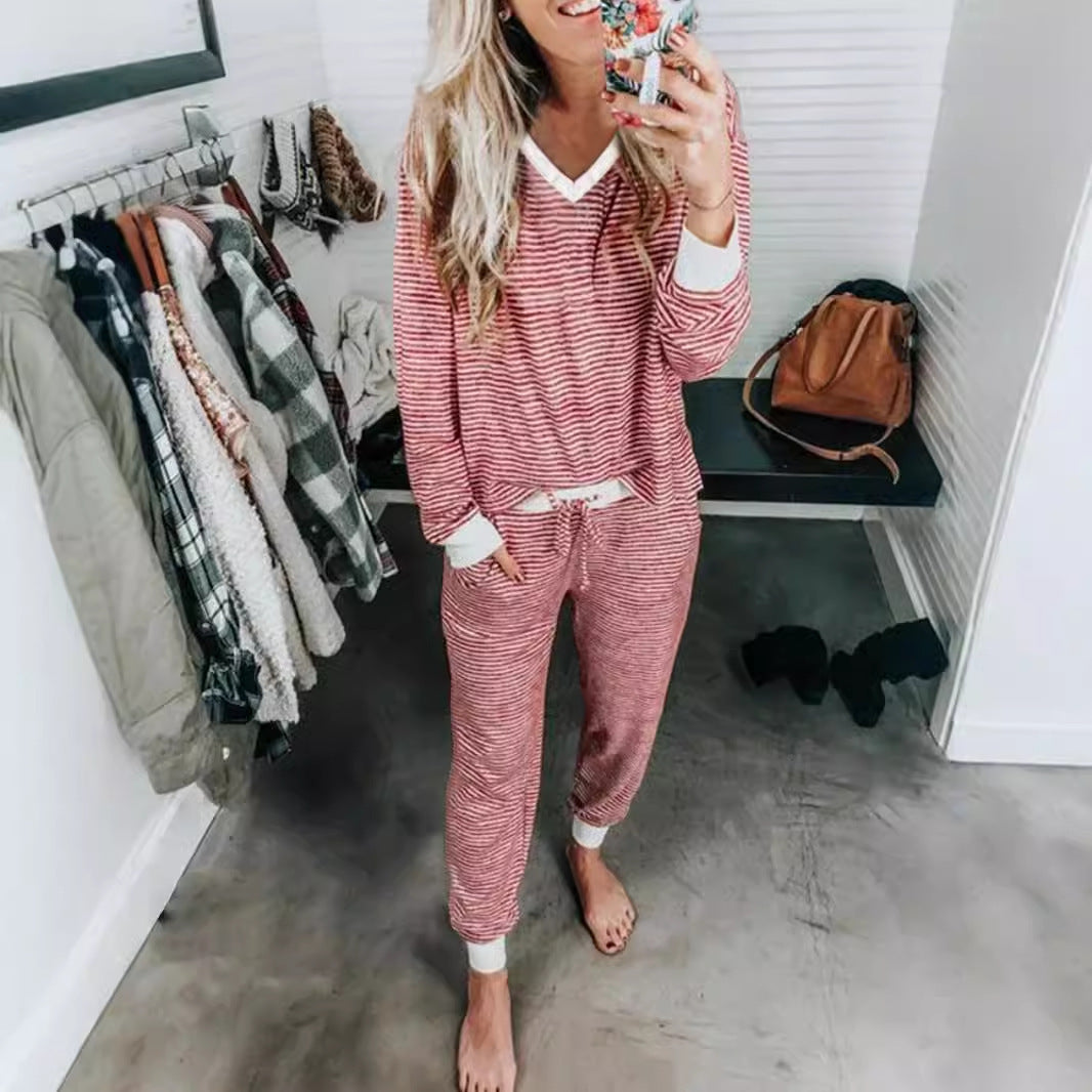 Striped Color Contrast Patchwork V-neck Long Sleeve Trousers Suit