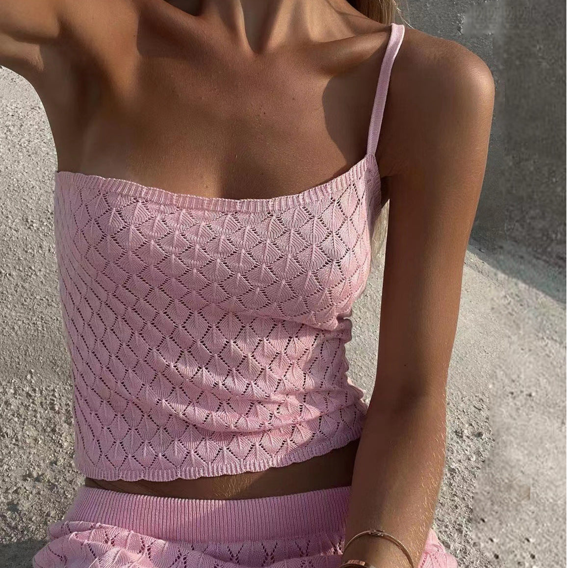 Women's Knitted Beach Short Show Belly Backless Camisole Long Skirt Two-piece Set