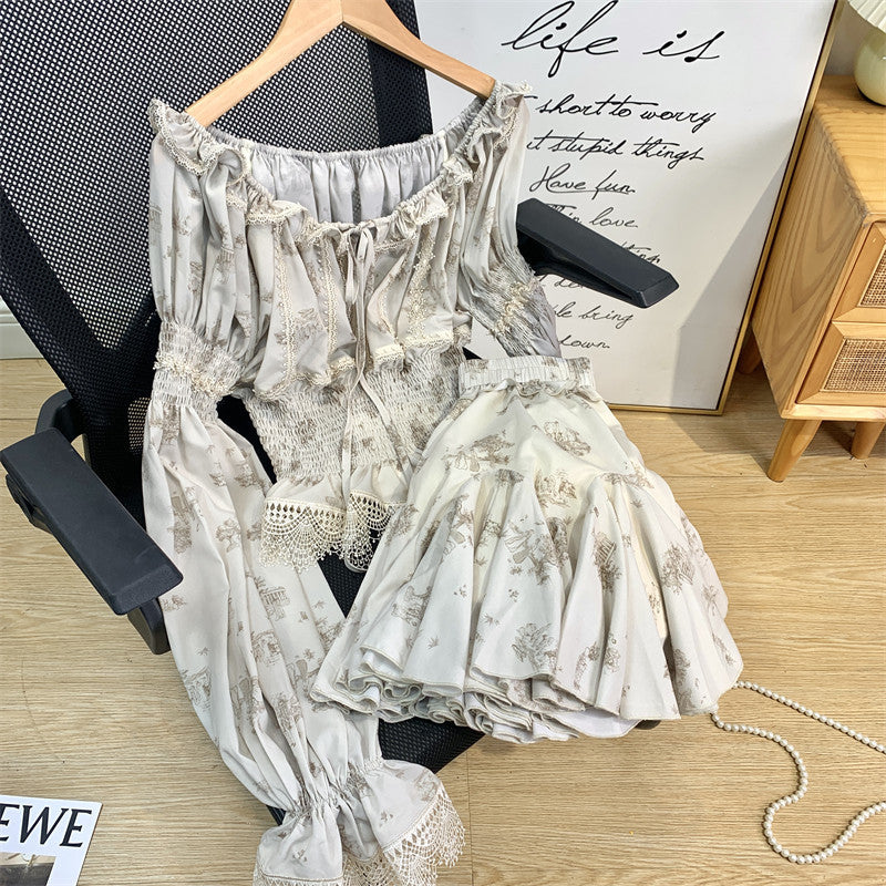 Printed Waist Lace One Word Collar Top Temperament