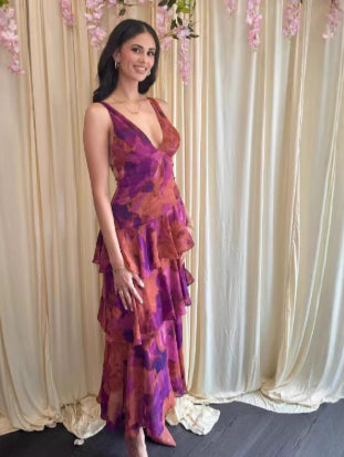 Women's Spaghetti-strap Floral Print Backless Multi-layer V-neck Dress