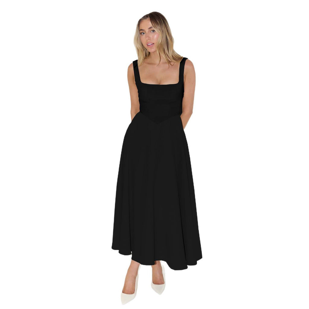 European And American Solid Color Square Collar Sleeveless Fitted Waist Backless Camisole Dress