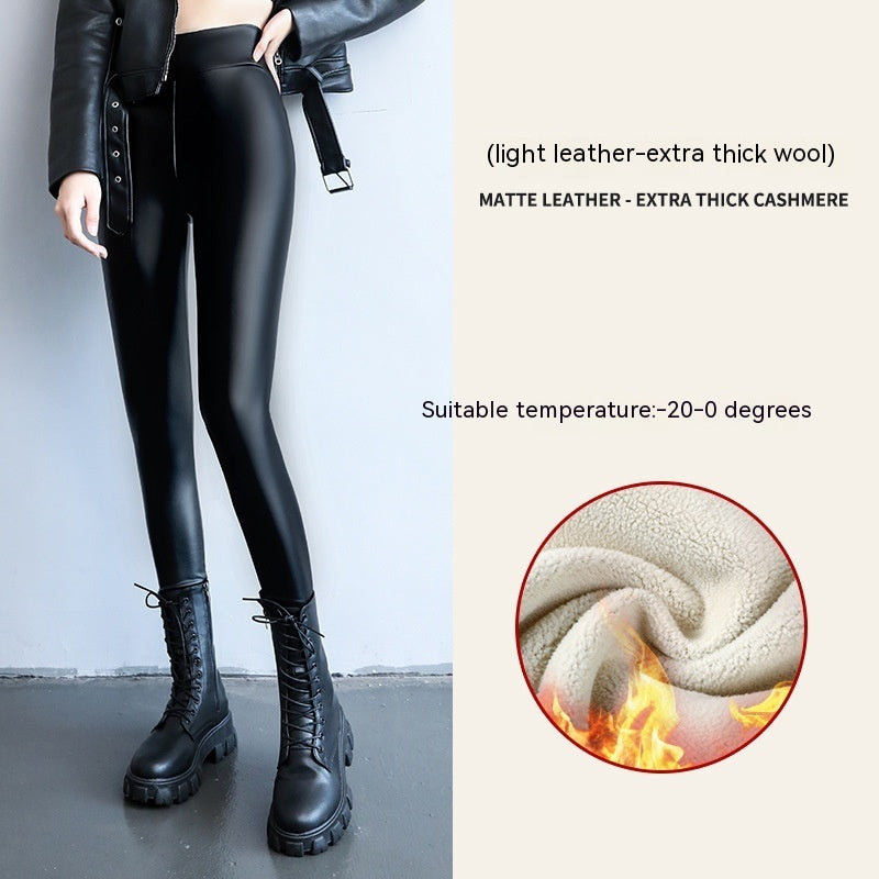 PU Fleece-lined High Waist Slimming Windproof Waterproof Leggings