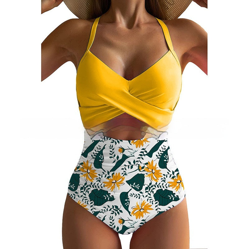 Color Matching Sexy Cutout Cross Swimsuit With Shoulder Straps Female