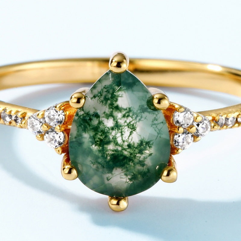 S925 Silver Green Moss Water Plants Agate Ring