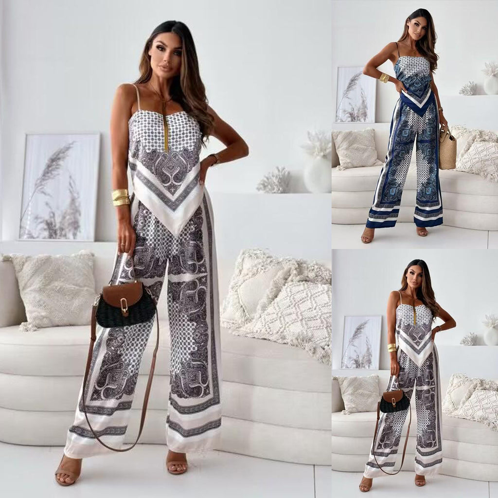 Printing Spaghetti Straps Chest Wrap Positioning Colorful Pants Suit Two-piece Set