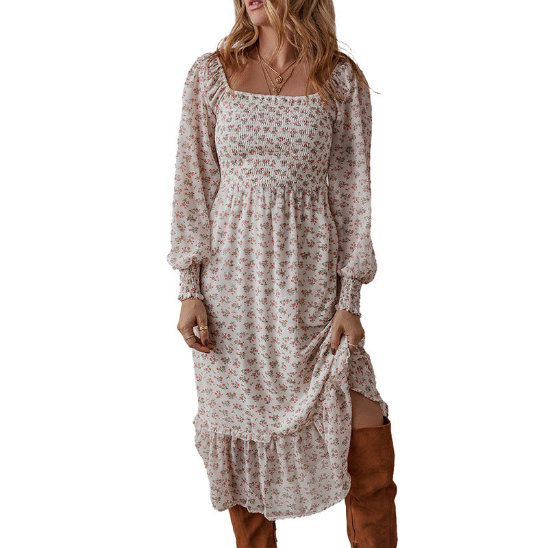 Temperament Small Floral Square Collar Dress