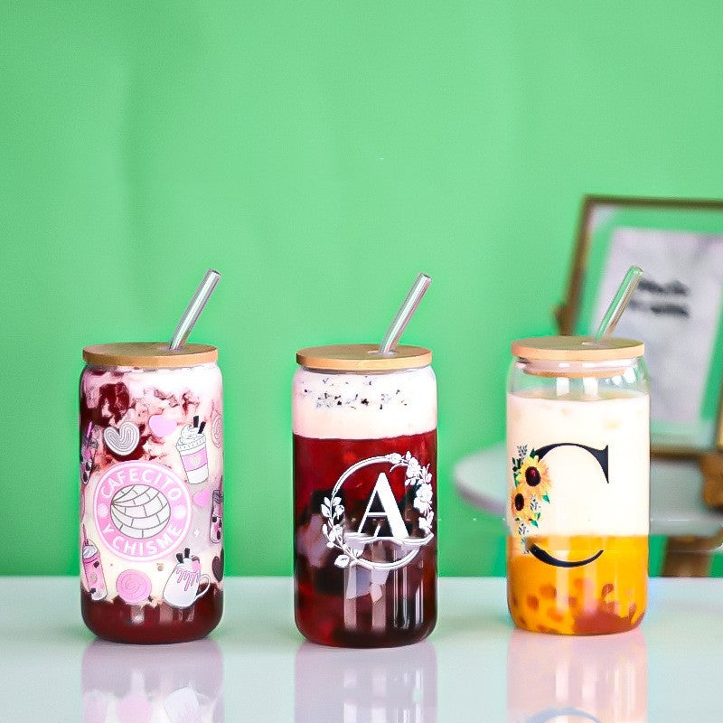 16oz Glass Bottle With Bamboo Cap Drink Juice Cup With Straw