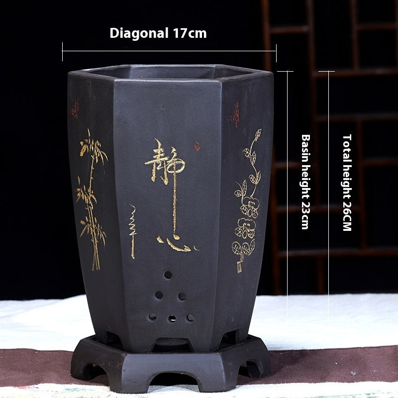 Fine Zisha Flowerpot Hand-carved Hexagonal