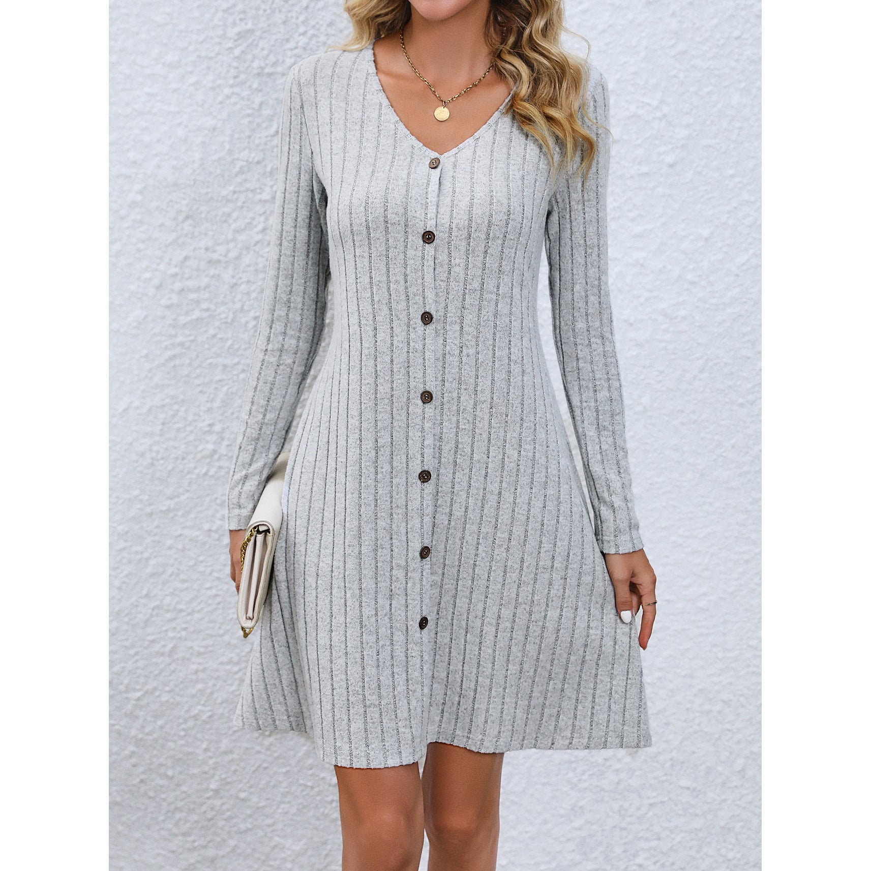 Women's Fashion Button Waist Long Sleeve Dress
