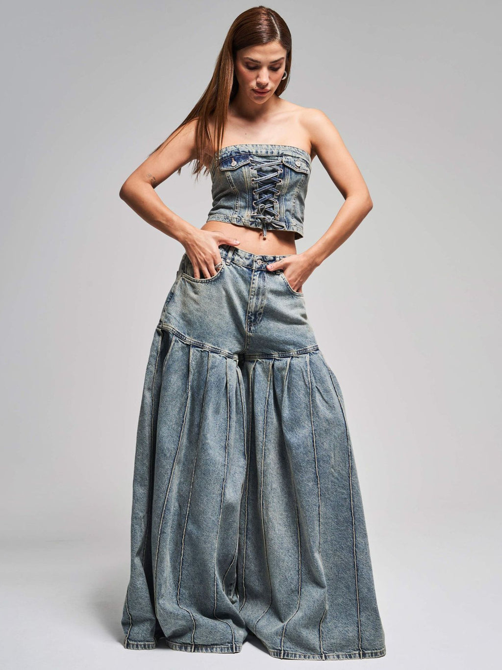 Strapless Denim Corset Crop Top & High - Waisted Pleated  Wide - Leg Pants Set