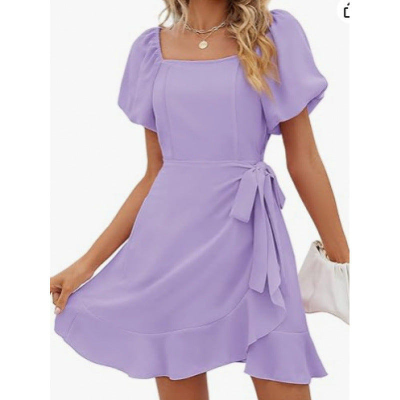 Women's Square Collar Solid Color Puff Sleeve Dress Lace-up Waist