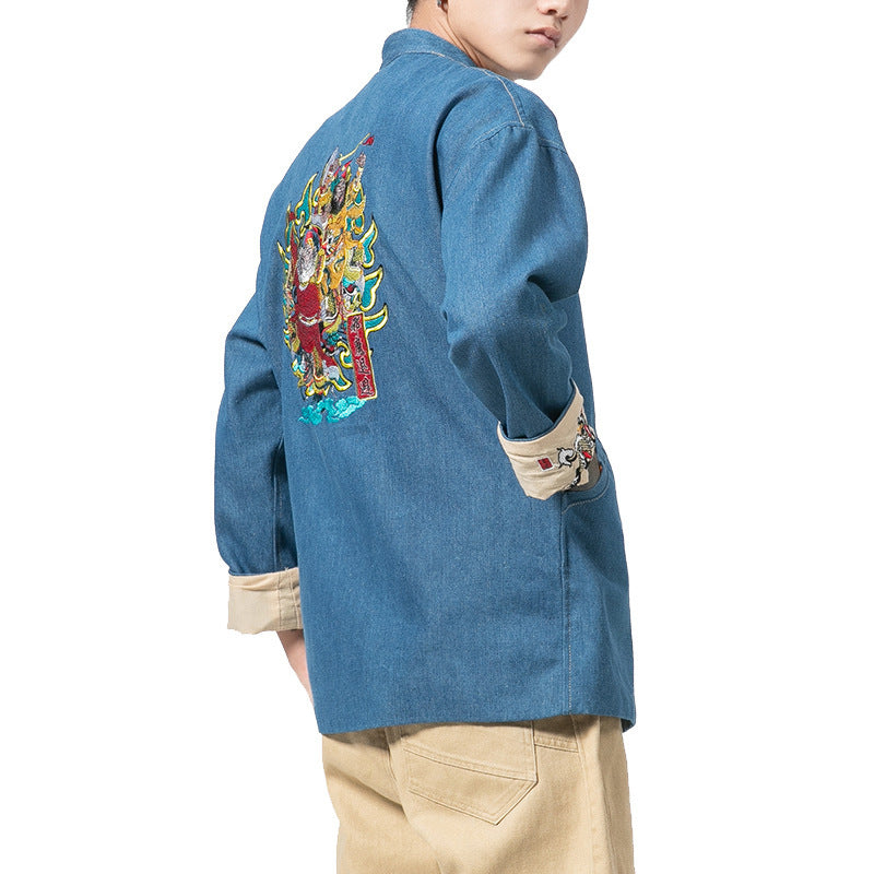 Chinese style men's retro buckle denim jacket