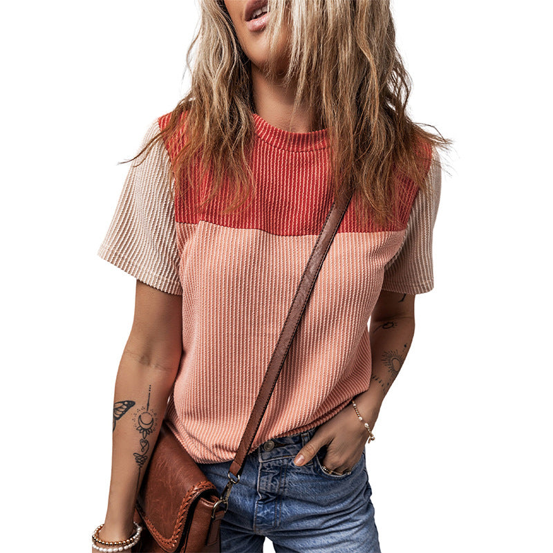 Color Matching Rib Short-sleeved T-shirt Round Neck Three-quarter Sleeve Top