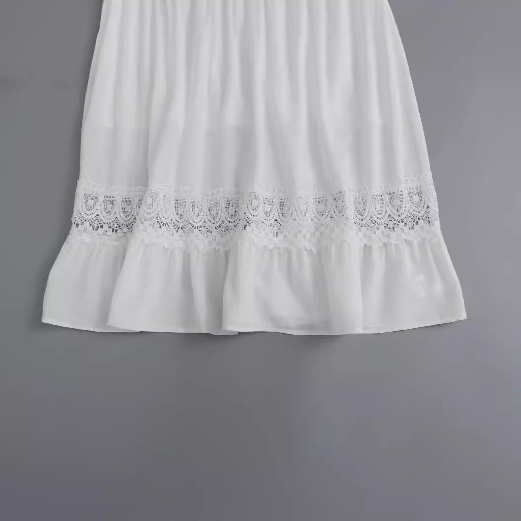 Women's Spring Fashion Simple Lace Stitching White Dress