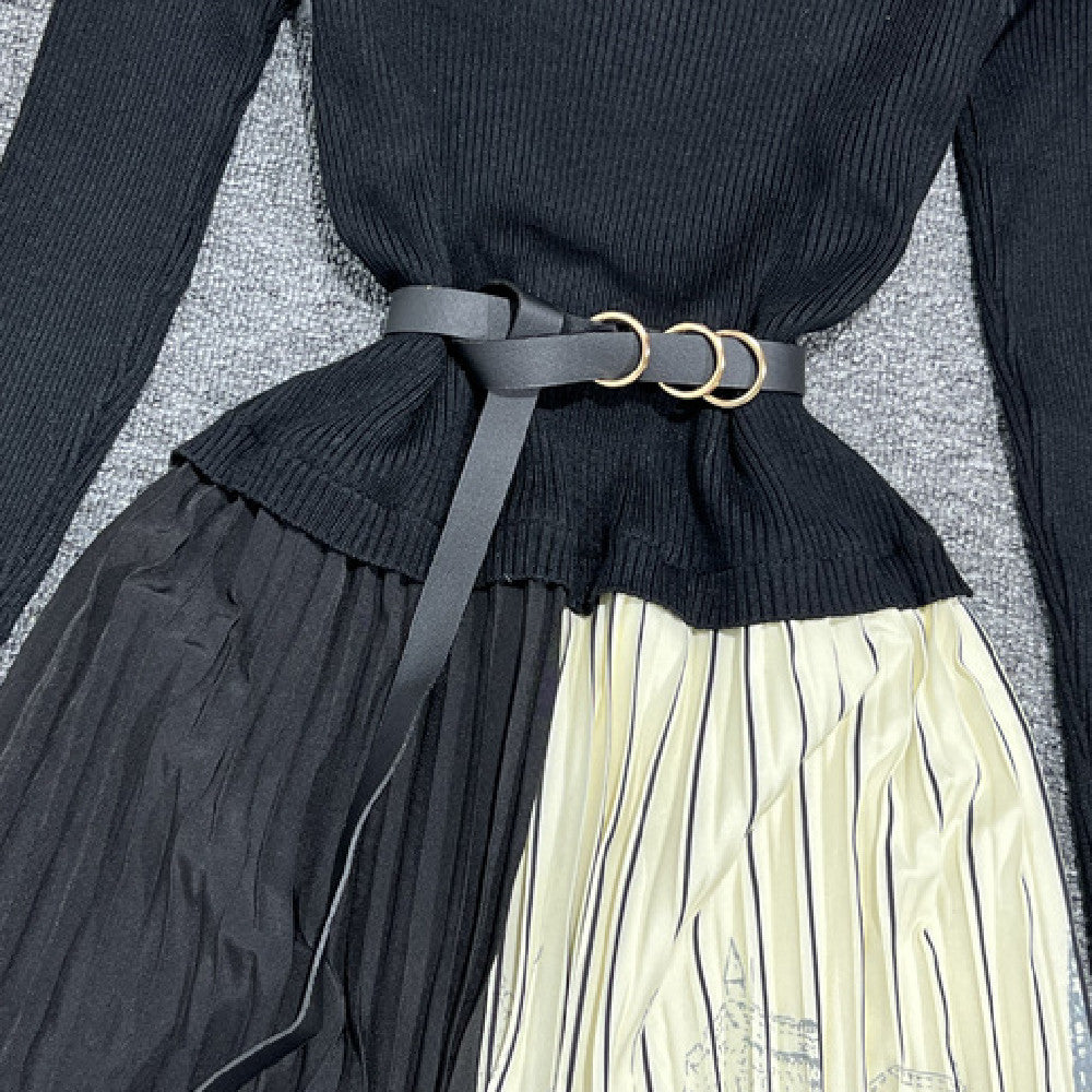 Long Sleeve Patchwork Pleated Skirt