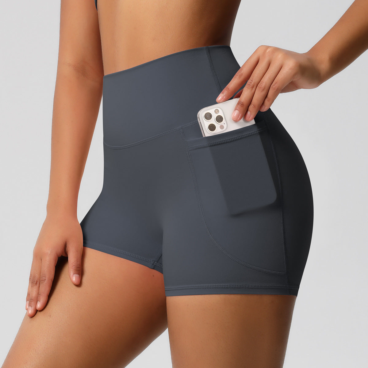 Brushed Solid Color Pocket High Waist Tight High Elastic Yoga Shorts