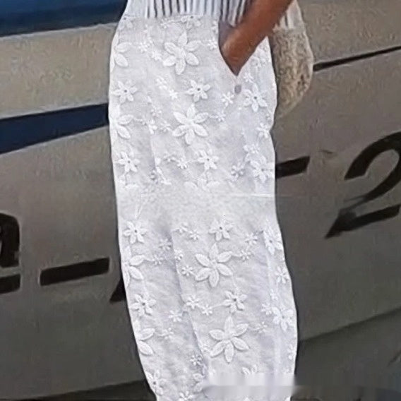 Women's Elegant Embroidery Cotton And Linen Casual Pants