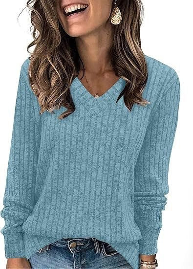 Top V-neck Long Sleeve Sunken Stripe Brushed T-shirt