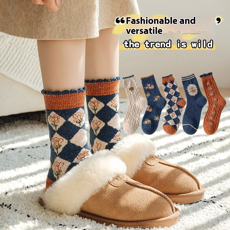 Vintage Small Flower Wool Socks Fleece Lined Padded Warm Keeping Tube Socks