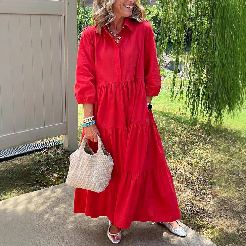 Casual Loose Lapels Mid-sleeve Large Swing Dress