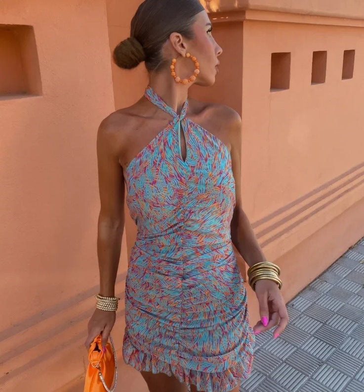 Cross-border European And American Women's Clothing Printing Cross-halterneck Dress