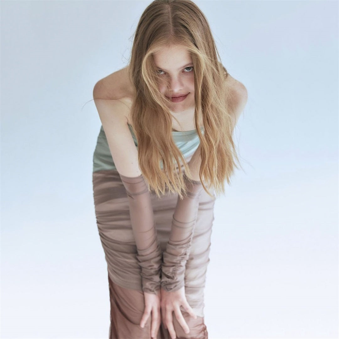 French Contrast Color Mesh Stitching Dress