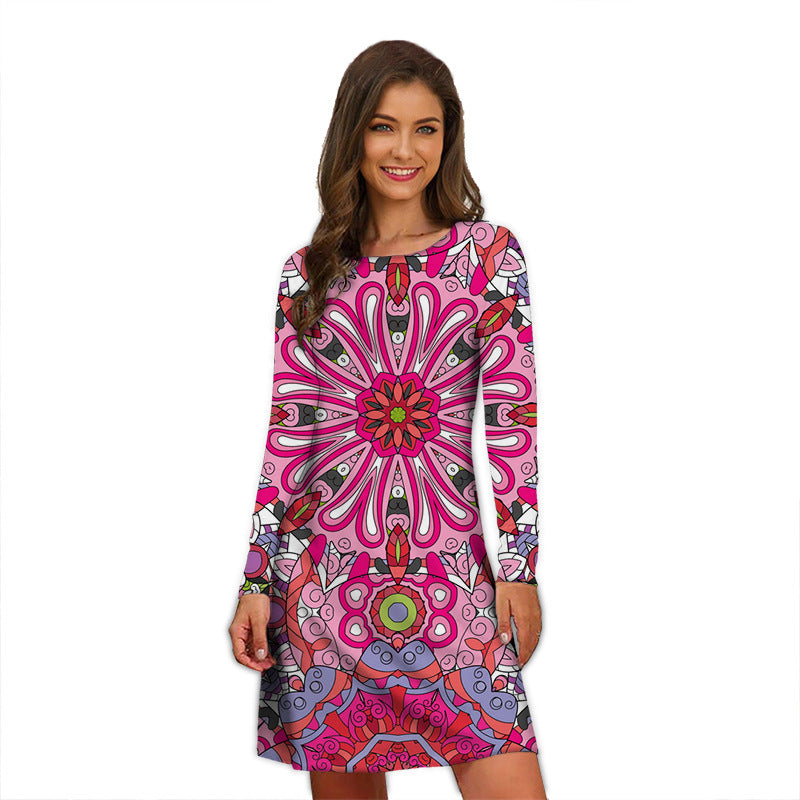 Round Neck Printed Temperament Slimming Small Long Sleeve Dress