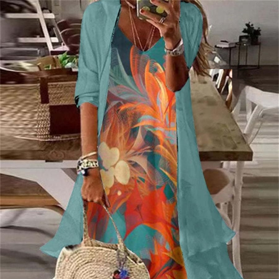 Two Piece Set Of Half Sleeved Printed Casual Retro Sexy Dress