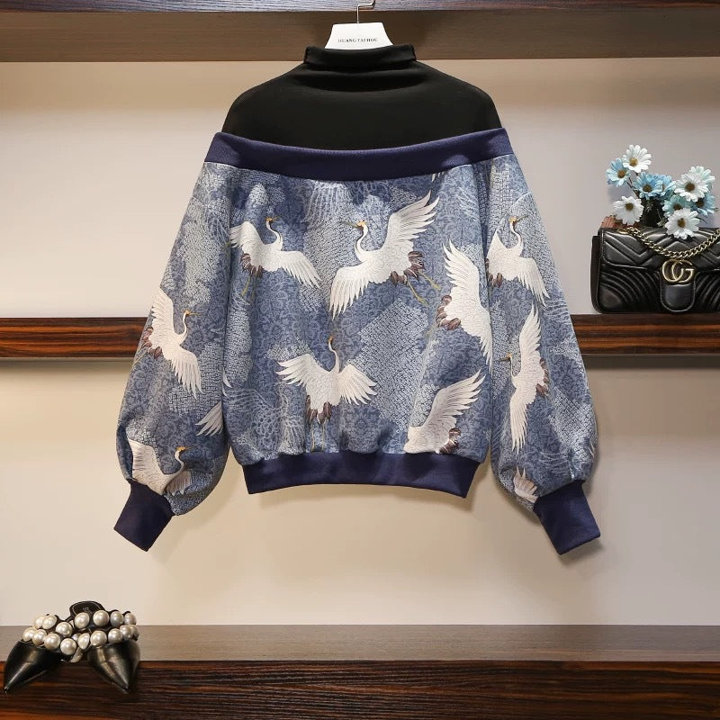 Women's Fashion Stitching Crane Print Sweater