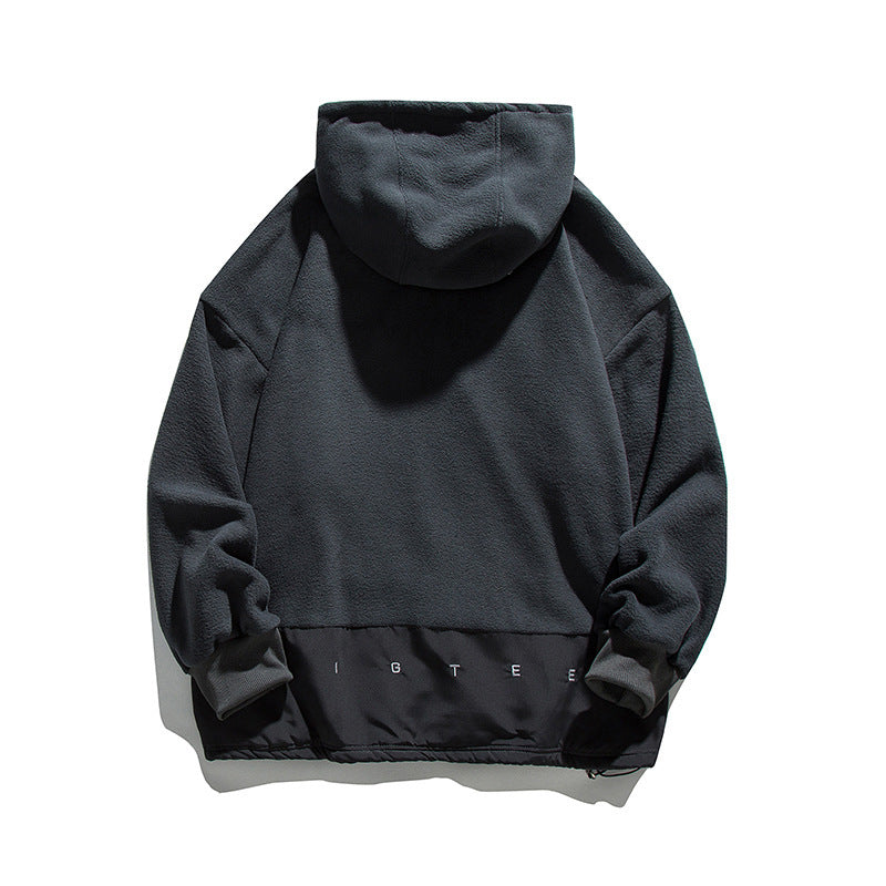 Solid Color Polar Fleece Hooded Sweater Retro Stitching Embroidery Hoodie