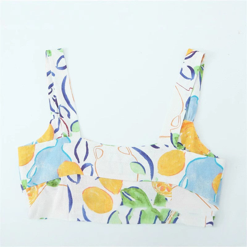 Blended Linen Printing Midi Skirt Dress