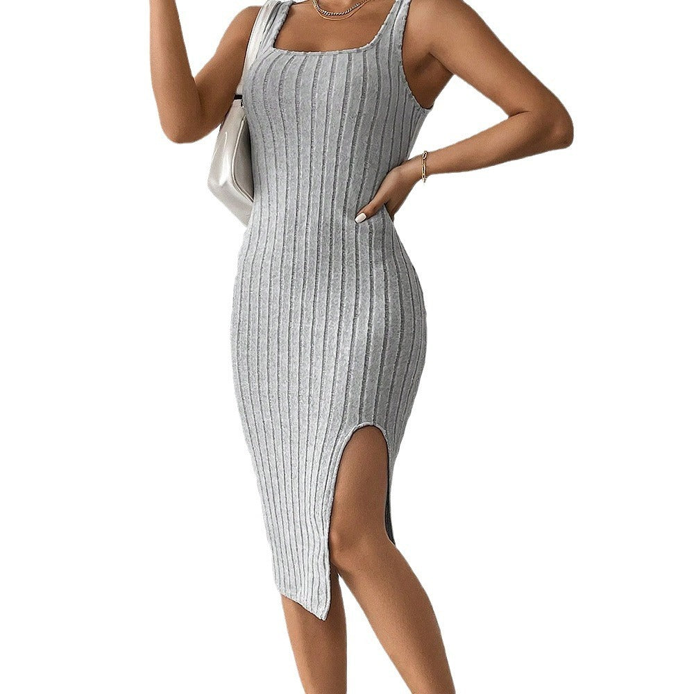 Rib Fabric Slit Solid Color Sling Slim Fit Long Dress
