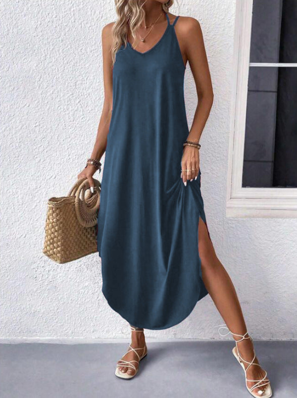 Summer Solid Color And V-neck Sling Backless Dress